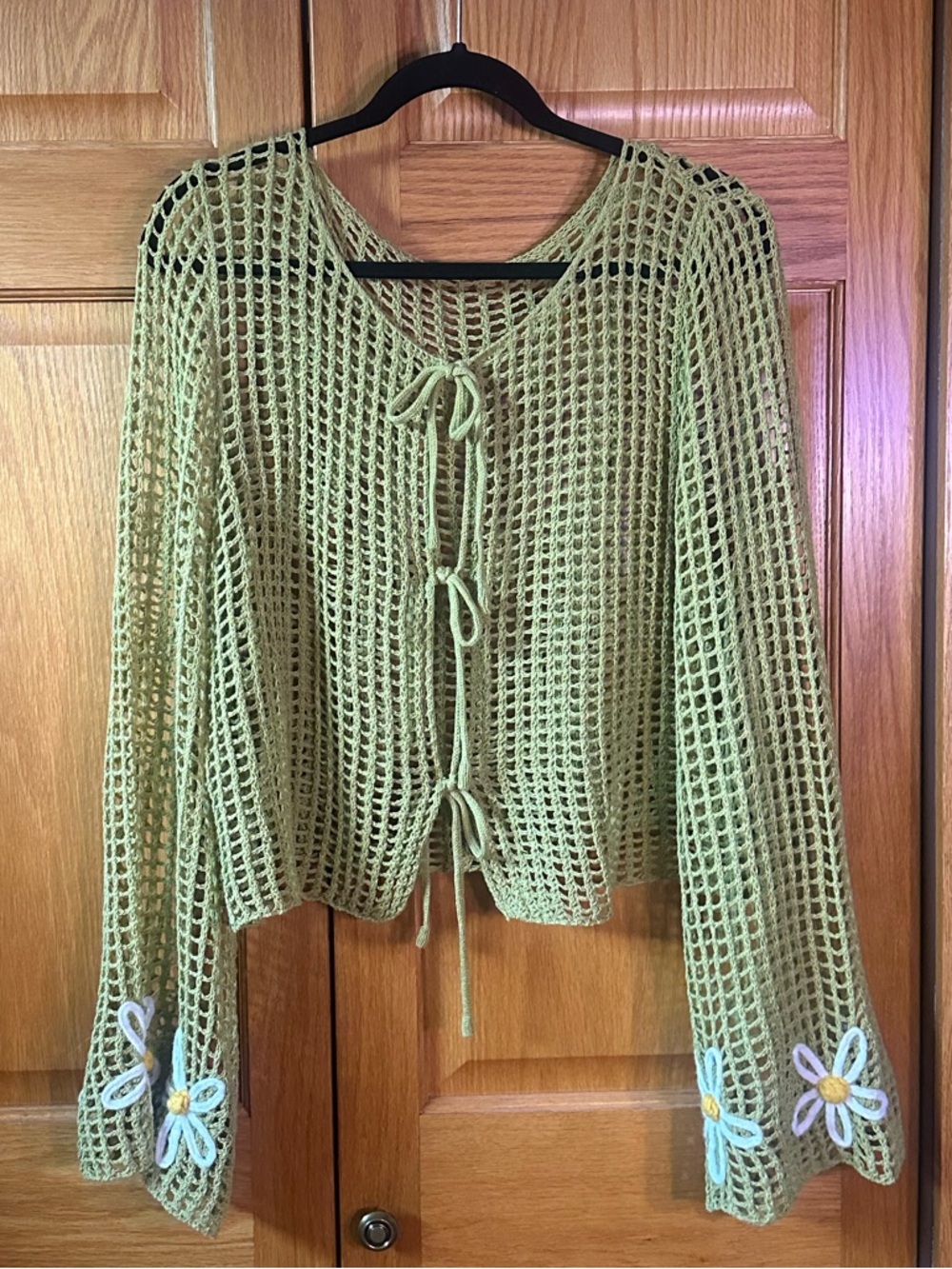 Cider Light Green Crochet Tie-Front Cardigan with Flowers